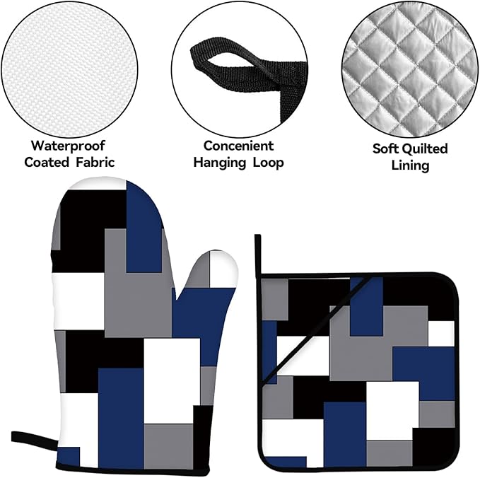 Blue Black Grey Oven Mitts and Pot Holders Sets of 4 Geometric Oven Mitts Oven Gloves Pot Holders and Oven Mitts for Kitchen Baking Cooking Grilling (Blue)