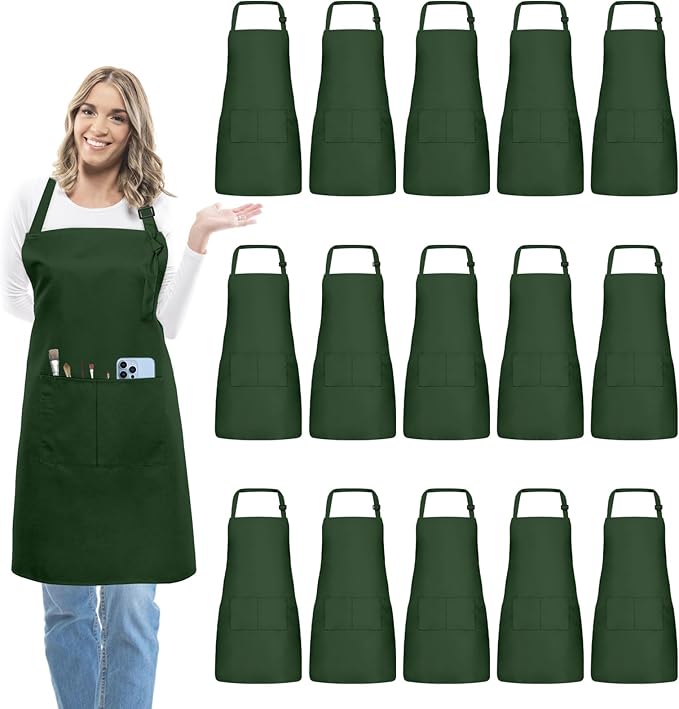 15 Pcs Adult Aprons Bulk with Pockets Adjustable Bib Chef Apron for Women Men Painting Cooking Crafting (S/L)