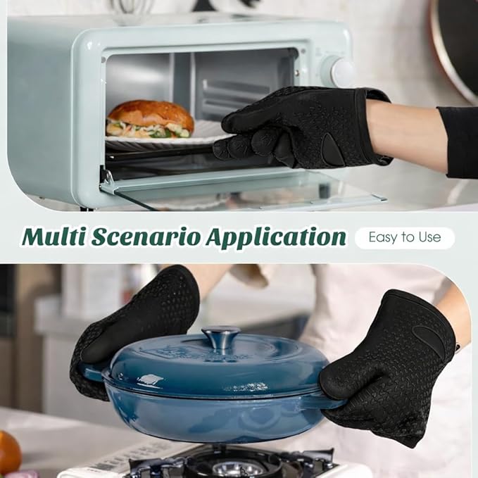 Cotton Lined Silicone Oven & BBQ Gloves, 450°F Heat Resistant Waterproof & Non-Slip Mitts for Baking, Cooking, Grill, Smoker & Fryer Use, Universal Size, 1 Pair (Black)