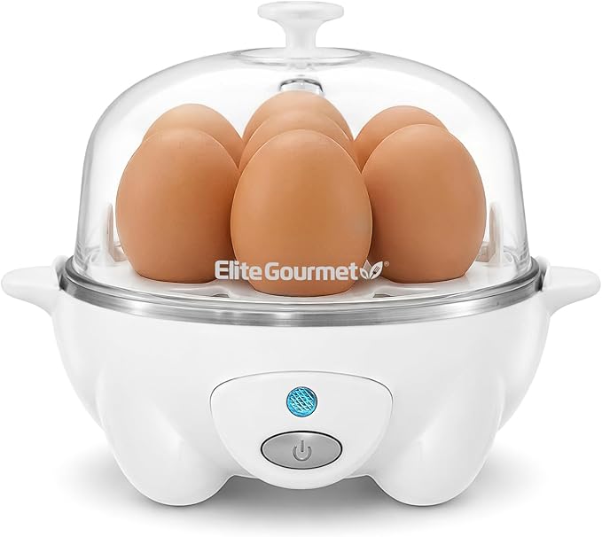 Elite Gourmet EGC-007## Rapid Egg Cooker, 7 Easy-To-Peel, Hard, Medium, Soft Boiled Eggs, Poacher, Omelet Maker, Auto Shut-Off, Alarm, 16-Recipe Booklet, White