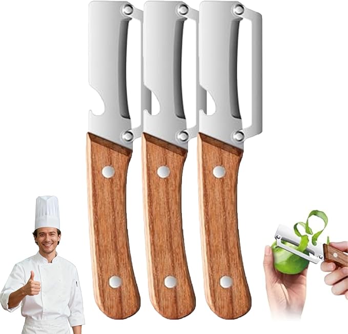Zero Wooden Kitchen Tool, Multifunctional Vegetable Peeler, Stainless Steel Sharp Blades Carrot Potato Peeler with Wooden Handle and Bottle Opener Kitchen Tool (3Pcs)