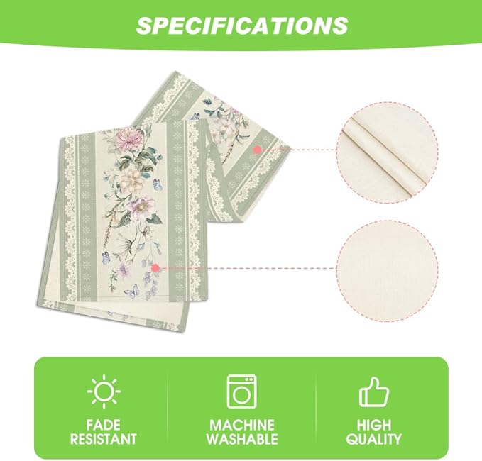 Artoid Mode Green Printed Lace Floral 210 GSM Spring Table Runner, Seasonal Summer Kitchen Dining Table Decoration for Home Party Decor 13x72 Inch