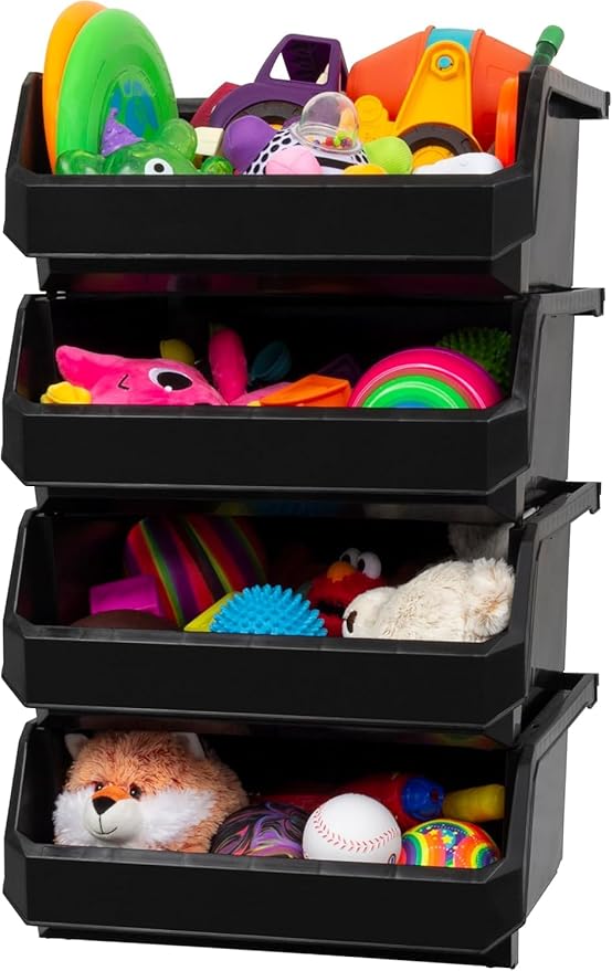 ReadySpace Extra Large Plastic Storage Bins, Stackable Organizer Containers for Closet Pantry Shelf Garage and Office Organization, Black, 4 Pack