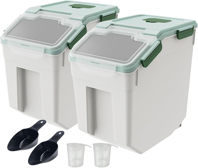 Saim Large Flour Storage Bin, 50lb Rice Storage Container with Lid, Measuring Cup & Scoop, BPA Free Plastic Rice Dispenser for Flour, Rice, Dog Food for Kitchen Pantry Organization (2 Pack Green)