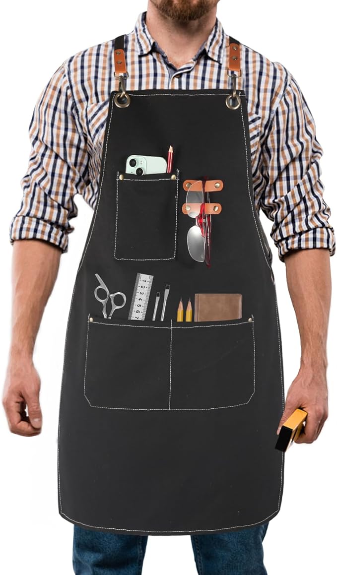 Men's Canvas Tool Apron, Heavy Duty Multi-Pocket Work Apron for Woodworking Gardening Bartender Adjustable Straps