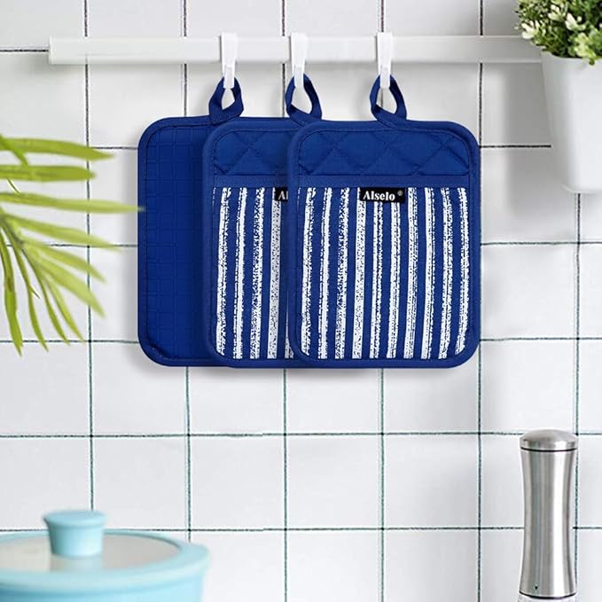 Alselo Silicone Pot Holders Set of 3 Heat Resistant & Non Slip Potholders, Professional Oven Hot Pads with Pockets Mitts for Kitchen Cooking Baking Barbecue (Cobait Blue, 3)