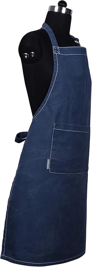 AMOUR INFINI Cotton Solid Aprons for Women with Pocket, Adjustable Strap and Waist Ties Washed Chef Aprons for Cooking, Baking and Gardening (27.5x33 Inches - Blue)