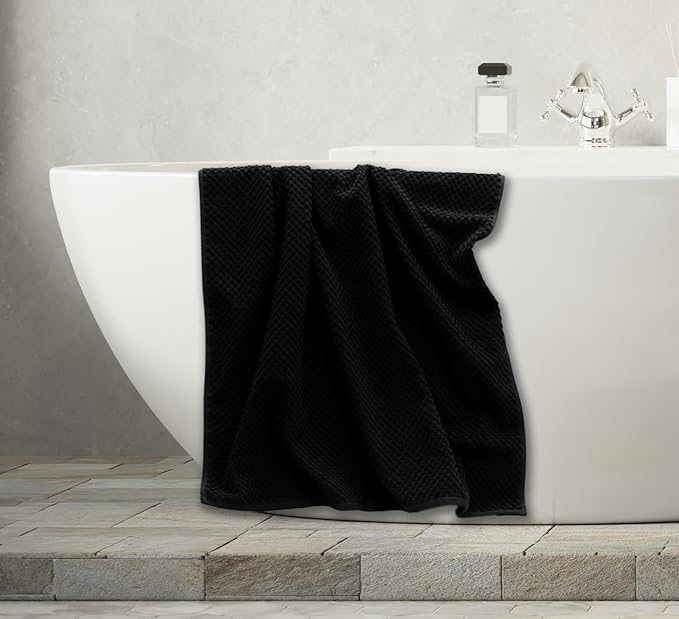 COTTON CRAFT Waffle 6 Piece Towel Set - 100% Cotton - 2 Oversized Luxury Euro Spa Waffle Weave Large Bath Towels, 2 Hand Towels, 2 Washcloths - Absorbent Quick Dry Hotel Bathroom Shower Pool - Black