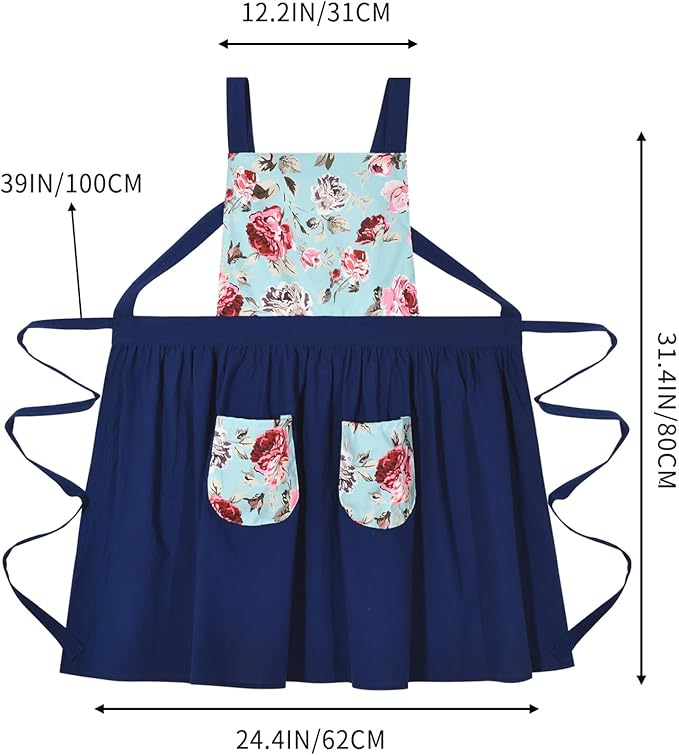 Pinknoke Vintage Pinafore Apron Dress for Women with Pockets Cute Floral Chef Aprons for Kitchen Cooking Baking Gardening