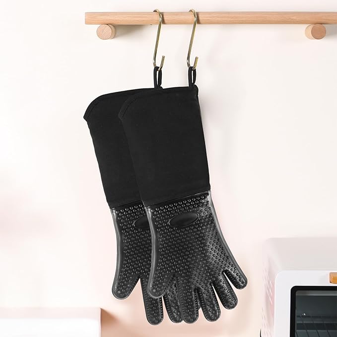 1 Pair Extra Long Professional Oven Mitts, Non-Slip Silicone Grip Heat Resistant,19.7" Length,Up to 572℉ for BBQ Cooking Baking Grilling (Black)