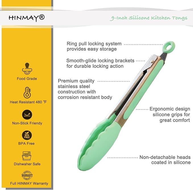 HINMAY Stainless Steel Kitchen Cooking Tongs with Silicone Tips 9-Inch Serving Tongs, Set of 3 (Mint Pink Yellow)