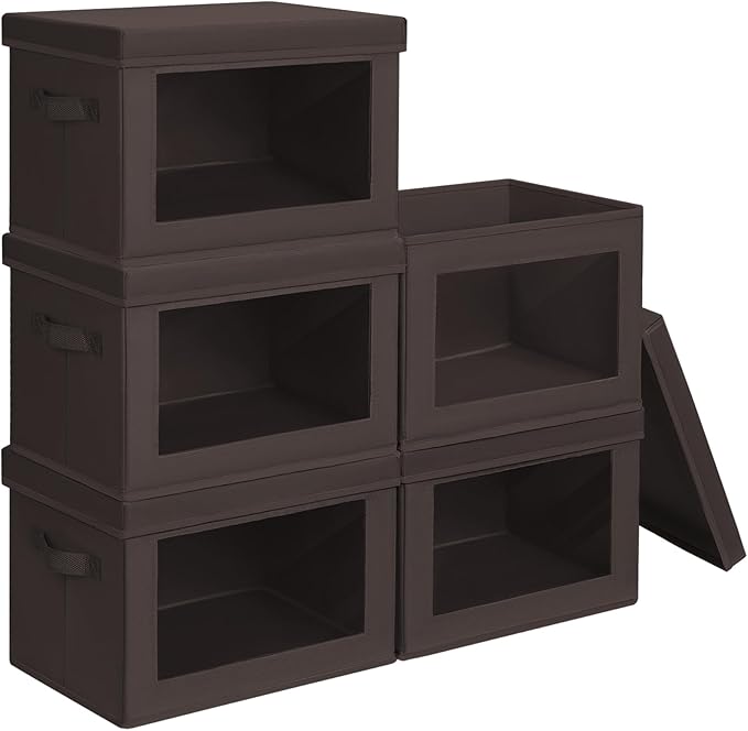 Homsorout Stackable Storage Bins with Lids - Medium Storage Box with Lids, Foldable Closet Boxes for Organizing, Wardrobe Clothes Organizer with Window, Cubes Bins for Living Room, 5 Pack, Brown