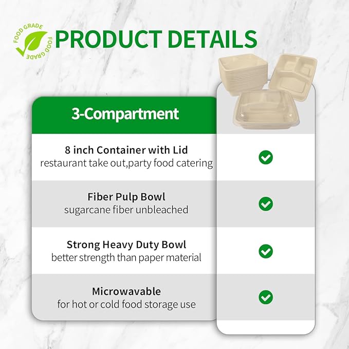 bloomoon 3 Compartment 8x8 inch Take Out Lunch Box Containers with Lids, Disposable 3 Compartment Meal Prep Bento Box Containers, 50 Bowls 50 Lids