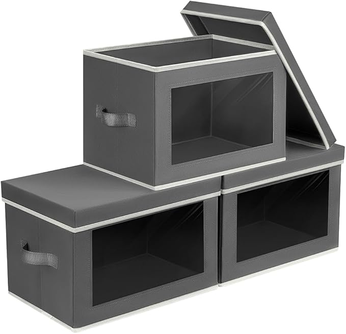 Homsorout Stackable Storage Bins with Lids - Large Storage Box with Lids, Foldable Closet Boxes for Organizing, Wardrobe Clothes Organizer with Window, Cubes Bins for Living Room, 3 Pack, Dark Grey