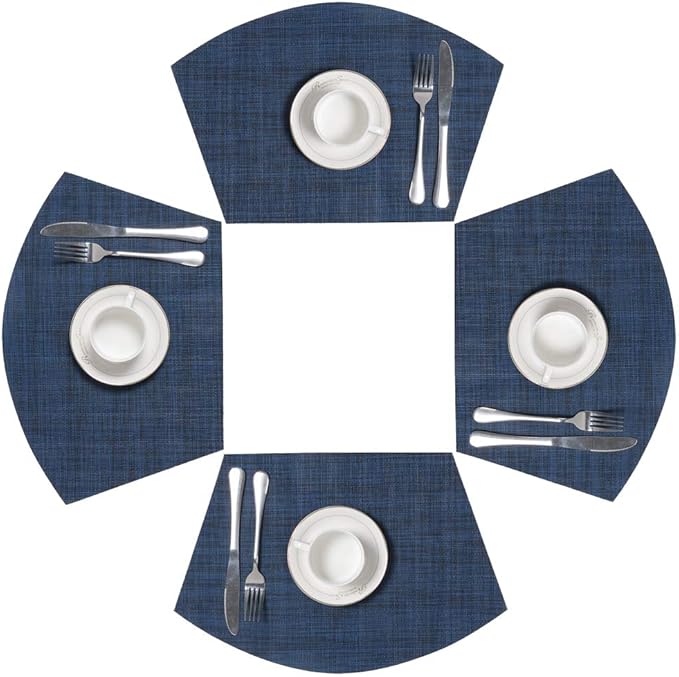 SHACOS Wedge Placemat Set of 4 Non Slip Heat Resistant Woven Vinyl Round Table Placemats Circle Table Mats Wipe Clean Indoor Outdoor (4, Blue Black)