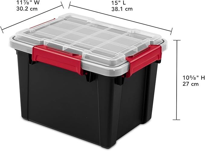Sterilite 12 Pack 5 Gallon Gasket Box, Stackable Plastic Storage Container with Lids, Black - Waterproof and Dustproof Tote for Home Organization
