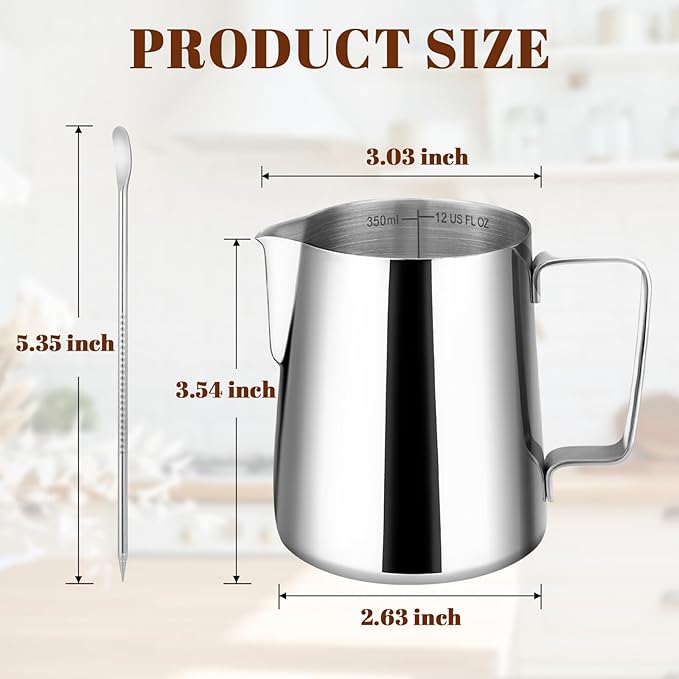 Amrules Milk Frothing Pitcher, 12oz Milk Frother Cup with Clear Scale, 304 Stainless Steel Cappuccino Espresso Machine Accessories for Barista Coffee Bar with Latte Art Pen, Silver