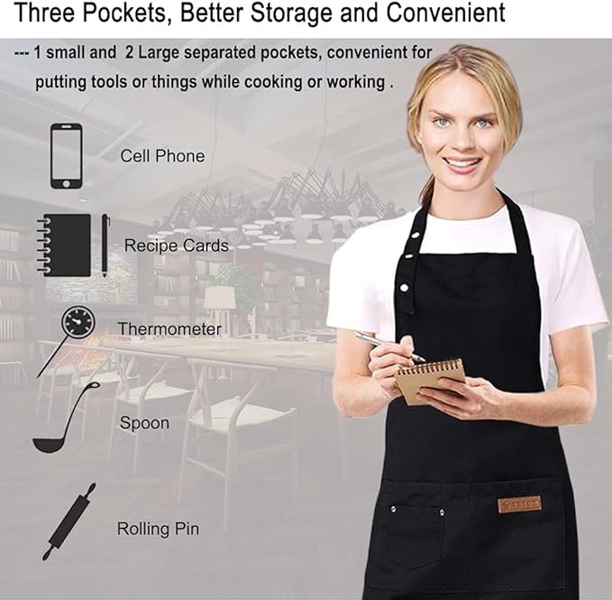 Kitchen Cooking Apron for Women Men with Big Pockets Canvas Waterproof Aprons for Server Pottery Artist Chef Apron