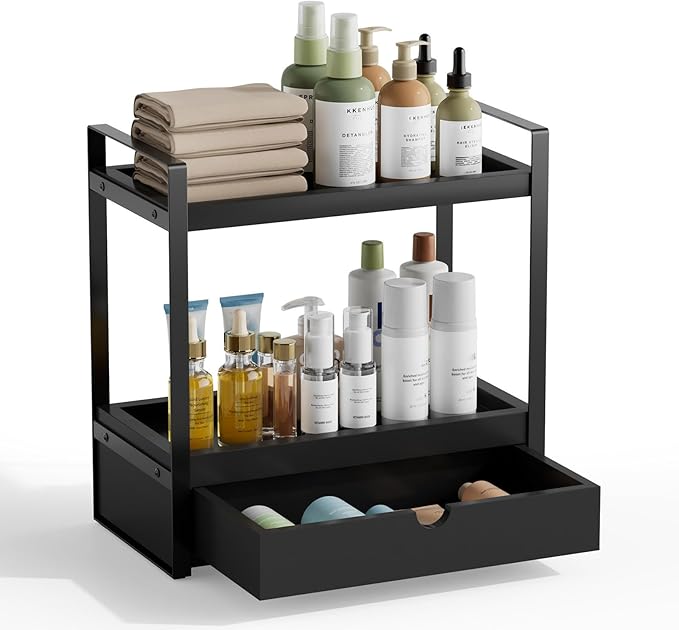 Boulphia 2-Tier Bathroom Organizer Countertop with Drawer, Wood Bathroom Counter Shelf for Storage, Vanity Organizer Countertop for Kitchen, Office