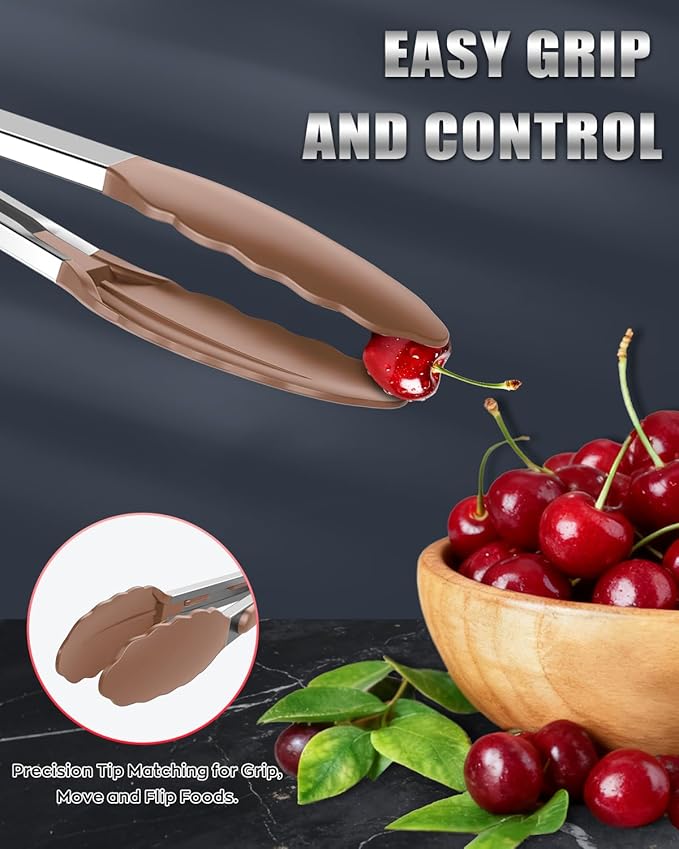 600ºF Heat Resistant Kitchen Tongs, Premium Locking Cooking Tongs with Silicone Tips, Non-Slip Food Tongs for Cooking, Non-Stick, Heavy Duty Stainless Steel Handle, Set of 3-7" 9" and 12" Mud color