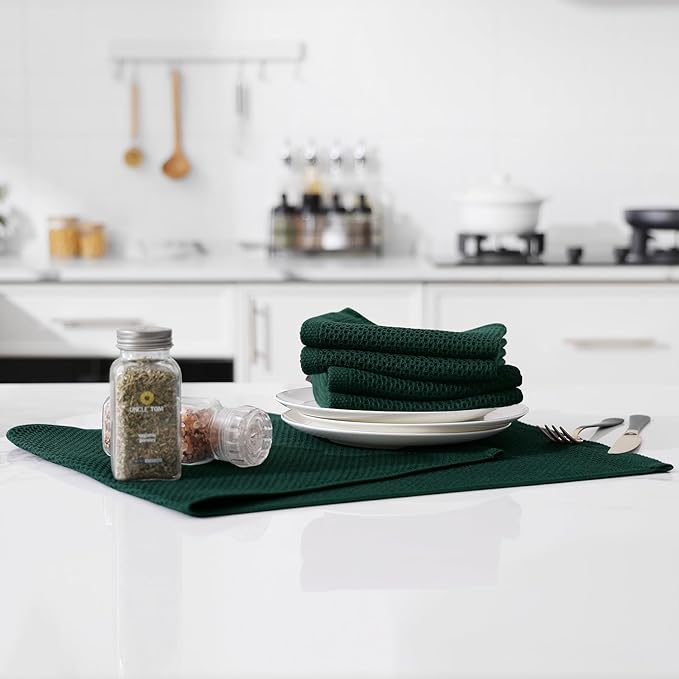 Kitinjoy 100% Cotton Waffle Weave Kitchen Hand Towels (13 X 28 Inches, Blackish Green), 12-Pack Super Soft and Absorbent Dish Towel for Drying Dishes