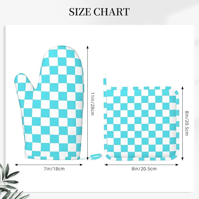 Turquoise Teal Checkered Oven Mitts and Pot Holders Sets of 4, Heat Resistant Silicone Oven Mittens and Potholders Gloves Hot Pads for Kitchen Cooking Baking Grilling BBQ Chef