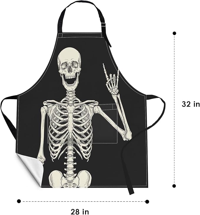 Britimes Skeleton Rock Skull Halloween Apron Home Kitchen Cooking Baking Gardening for Women Men with Pockets 32x28 inch