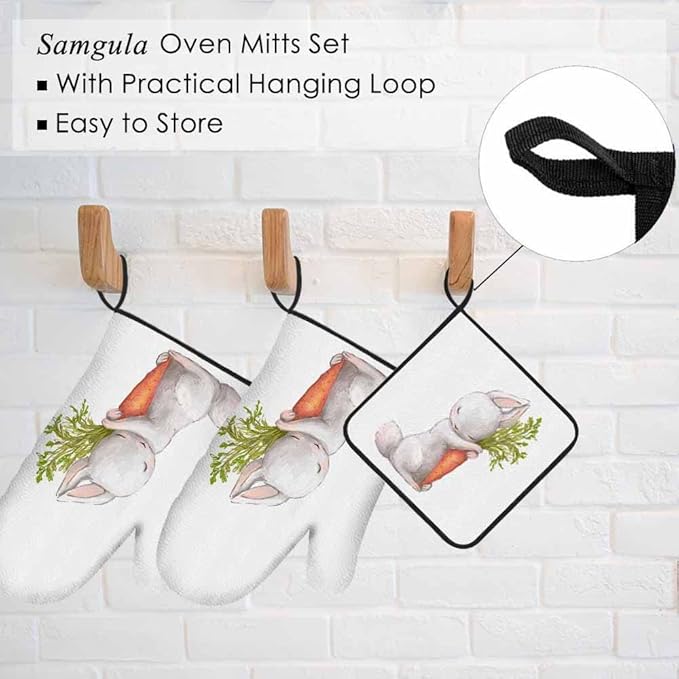 Cute Rabbit Oven Mitts and Pot Holders Sets Sleeping Hare with Carrot Heat Resistant 3pcs for Cooking Baking BBQ