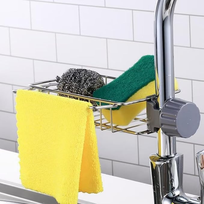 Sponge Holder for Kitchen Sink, Silver Stainless Steel Sink Organizer, Drying Rack for Sponges and Bottles