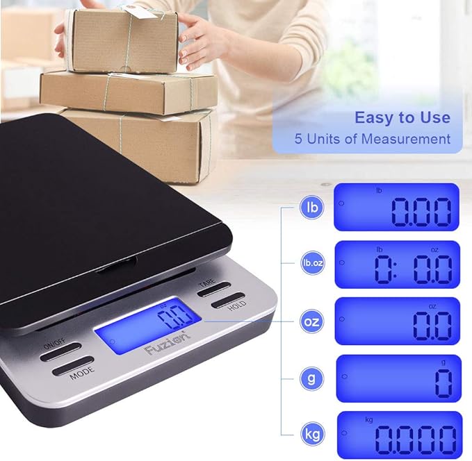 Fuzion Shipping Scale, Accurate Digital Postal Scale 86 lb/0.1 oz with Hold and Tare Function, Postage Scale for Packages and Mailing, LCD Display, Battery and AC Adapter