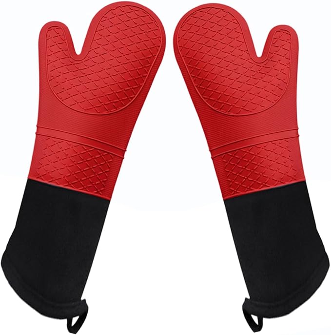 Linwnil Extra Long Silicone Oven Mitts Heavy Duty Commercial Grade Oven Mitts Heat Resistant BBQ Gloves with Quilted Cotton Lining 2 Pack (Red)