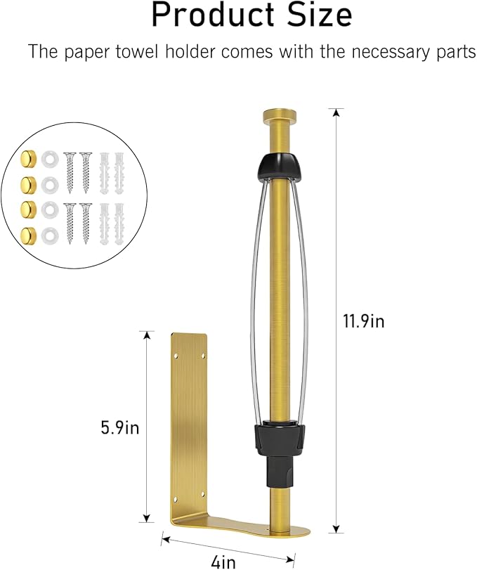 SetSail Paper Towel Holder, Single Hand Operable Paper Towel Holder Under Cabinet with Adjustable Damper Easy Tear Wall Mount Self-Adhesive or Drilled for Kitchen Bathroom, Gold
