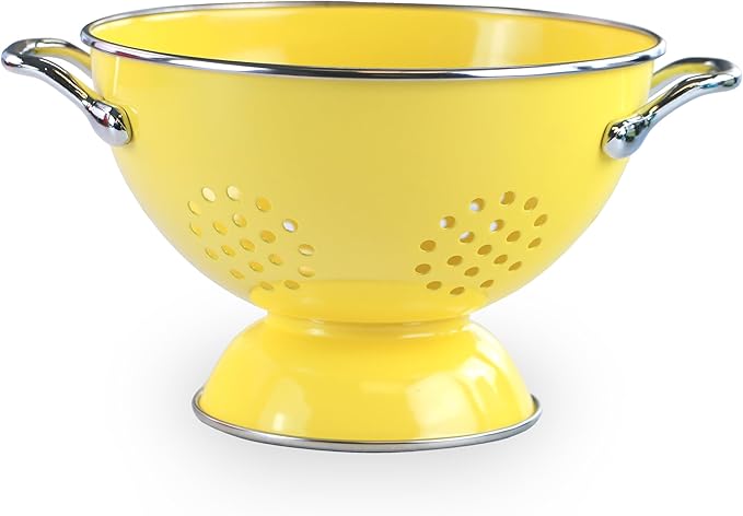 Reston Lloyd, 1.5 Quart Powder Coated Steel Kitchen Strainer Basket for draining Pasta, Vegetable and Fruit, Chrome Handles and Wide Stable Base, Lemon