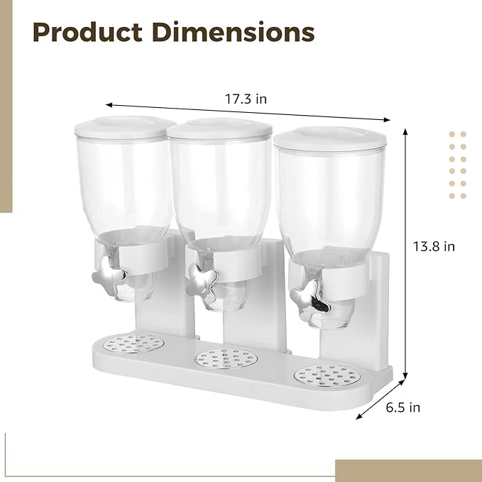 Triple Cereal Dispenser Countertop, 2L Each Capacity Dry Food Storage Container, Easy Refill Plastic Cereal Dispenser for Grains, Nuts, Coffee Beans, Candies