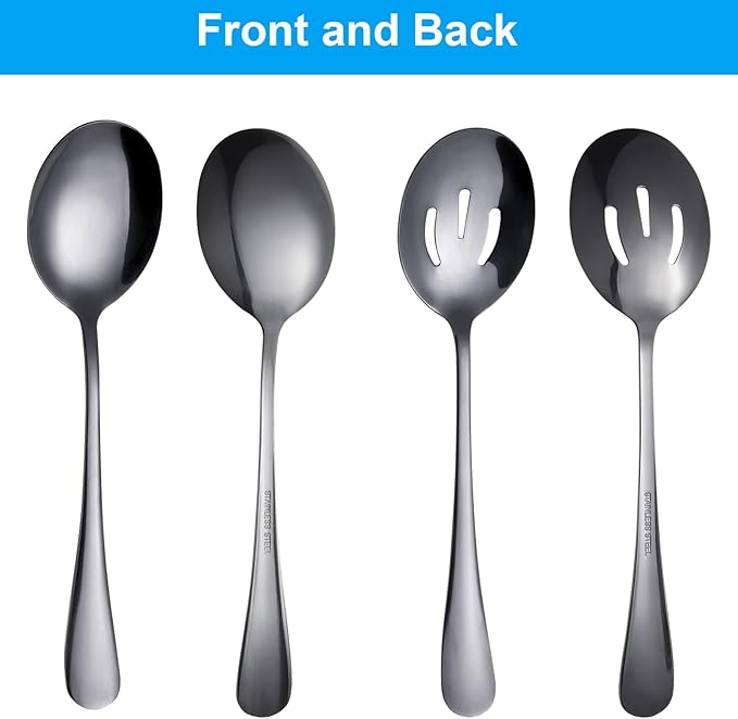 6 Pieces Serving Spoons Set 8.7 Inch, Includes 3 Serving Spoon and 3 Slotted Spoon, Stainless Steel Buffet Banquet Spoons, Large Kitchen Utensils Cutlery, Black