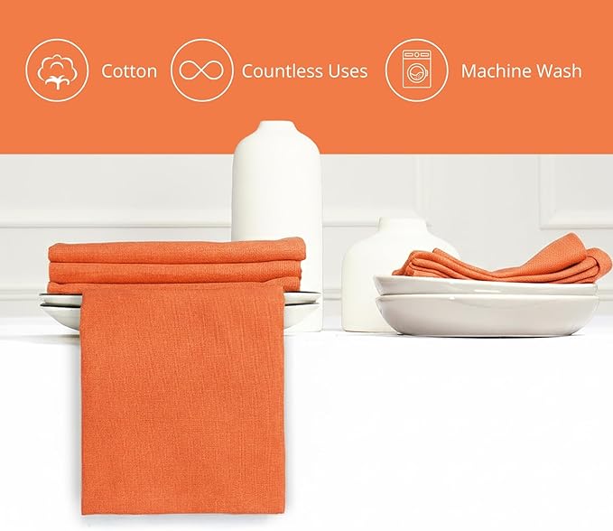 PurpleEssences Set of 6 Cloth Dinner Napkins 100% Cotton 18x18 Inch - Soft Durable Washable - Ideal for Farmhouse Party Spring Easter Summer - Perfect Everyday Use Table Linen - Orange