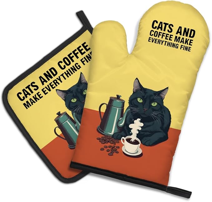 DYJYBMY Cats and Coffee Make Everything Fine Funny Cat Oven Mitts and Pot Holder Set, Funny Kitchen Gadgets for Women Coffee Lover, Bake Lover Gifts for Hostess, Cat Lover Gifts for Mom Sister BFF