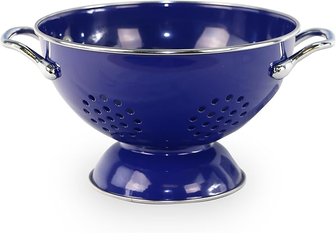Reston Lloyd, 1.5 Quart Powder Coated Steel Kitchen Strainer Basket for draining Pasta, Vegetable and Fruit, Chrome Handles and Wide Stable Base, Indigo