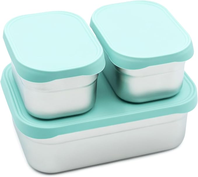 WeeSprout Stainless Steel Lunch Box Set - 750mL & 230mL Food Storage Nested Bento Boxes with Food Grade Silicone Lid - Leak Proof - Freezer Safe (Pastel Mint)