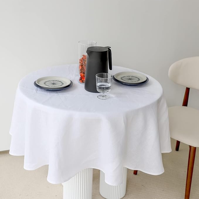 Simple&Opulence Textured Tablecloth 100% Linen Table Cloth, Kitchen Dinning Tabletop Decoration, for Outdoor and Indoor Use (Round White, 60")