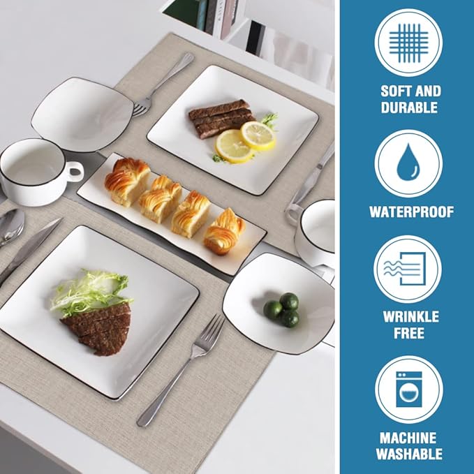 H.VERSAILTEX Linen Placemats Set of 6 Premium Solid Table Mats for Dining Table Spill-Proof Waterproof Heat-Resistant Kitchen Mats, Washable, 12x18 inches, Taupe