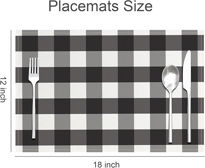 Black and White Placemats Buffalo Plaid Place Mats Farmhouse Rustic Decorative Table Mats Set of 4 - Linen Heat Resistant Washable Placemats for Kitchen Dining Coffee Table 12x18Inch