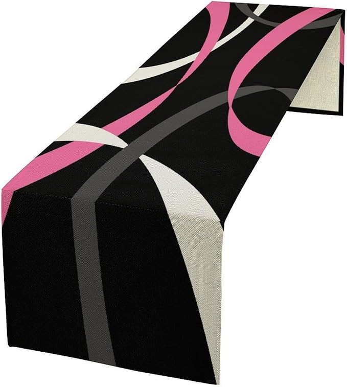 Abstract Geometric Table Runner Pink Grey and White Striped Black Background Modern Kitchen Dinner Runner for Indoor Home Living Room Party Dining Table Decoration 13"x36"