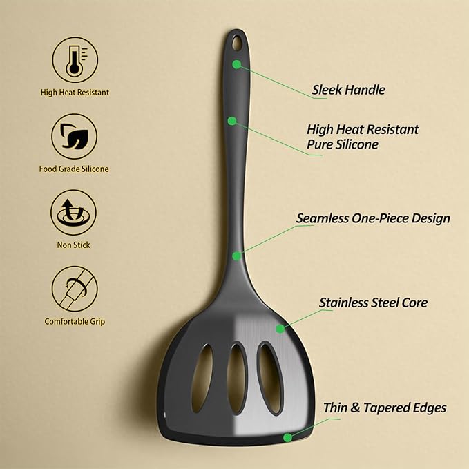 Silicone Pancake Spatula Turner with Lengthened Handle& Seamless Design, Heat Resistant Slotted Flipper for Nonstick Cookware, Large Flexible Kitchen Utensils for Egg, Pancake, Burger, Slotted Black