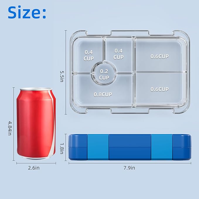 Bento Lunch Box for Kids, Plastic Lunch Box Case, 5/6 Tritan Compartments, BPA free, deal Portion Sizes for On-the-Go Meal, Shiny Blue and Clear
