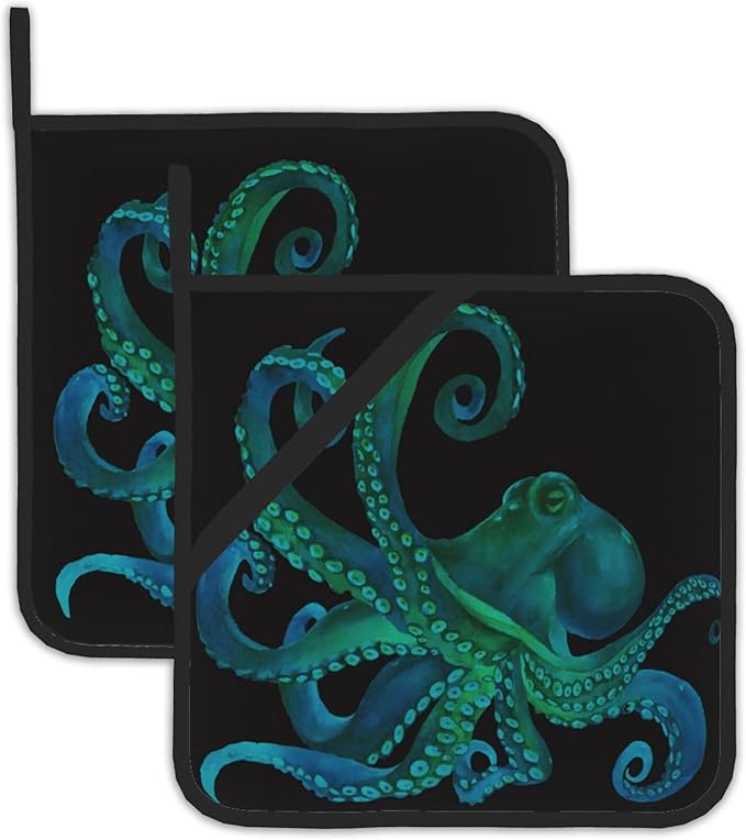 Green Octopus Pot Holders Set of 2 Heat Resistant Potholders,Fire Oven Hot Pads for Kitchen Cooking Baking Barbecue