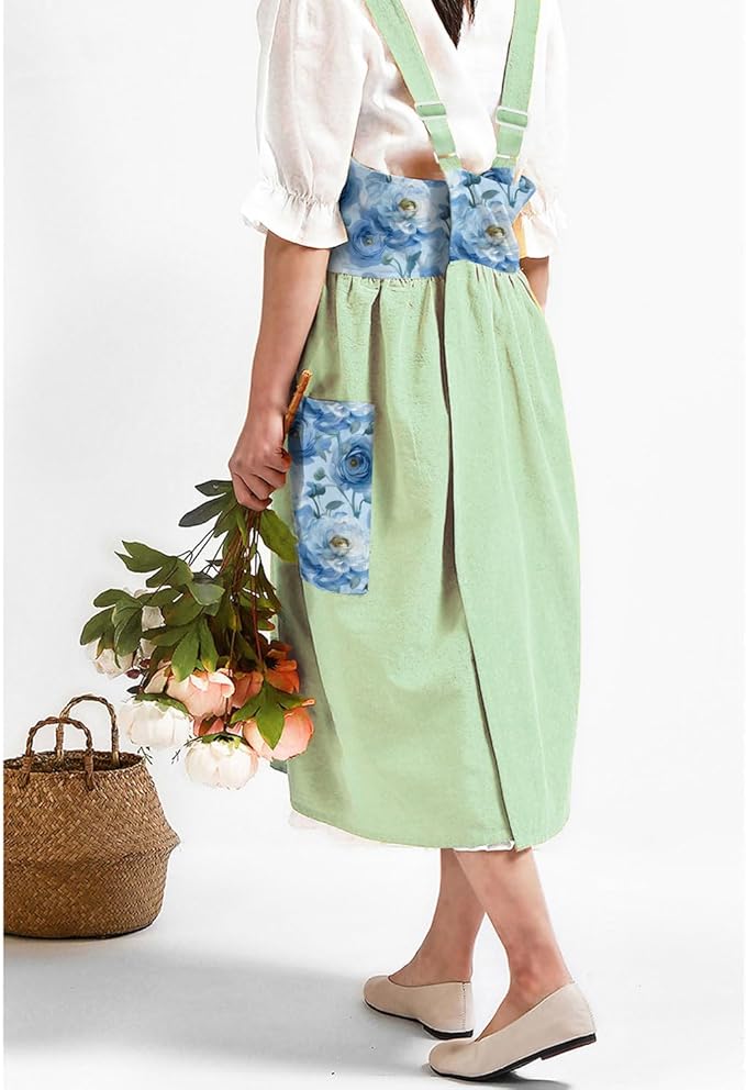 Uaussi Cotton Linen Apron Cross Back Work Apron for Women with Pockets Pinafore Dress X Cross Halter Apron for Chef Gardening
