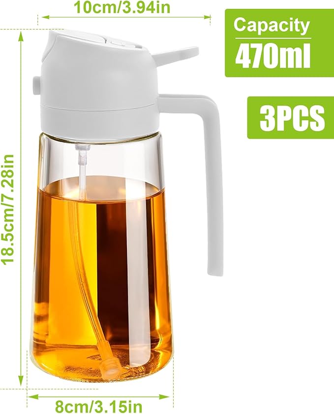3 Pack 16oz/470 ml Olive Oil Dispenser Bottle 2 in 1 Clear Glass Oil Sprayer and Container Refillable Dispenser with Automatic Cap Portable Spray Bottle for Cooking Baking White