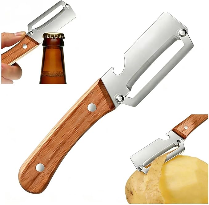 Premium Vegetable Peeler with Wooden Handle and Bottle Opener: 2-in-1 Stainless Steel Kitchen Tool for Fruit Apple Potato Pumpkin Papaya (1 PCS)