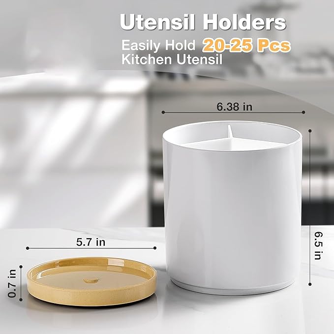 Meolibour Extra Large Porcelain Like Kitchen Cooking Utensil Holder, 360° Rotating Utensil Crock, 7.2" Unbreakable for Countertop, for Farmhouse Kitchen Decor with Rotatable and Detachable Base